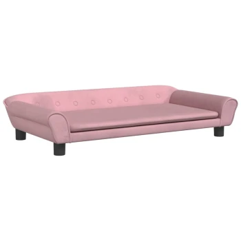 Stylisches pinkes Haustiersofa mit abgerundeten Kanten, Knopfdetails und schwarzen Beinen, entworfen für kleine Hunde oder Katzen.