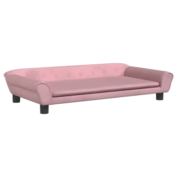 Stylisches pinkes Haustiersofa mit abgerundeten Kanten, Knopfdetails und schwarzen Beinen, entworfen für kleine Hunde oder Katzen.