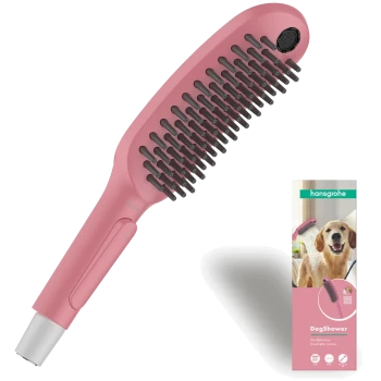 Pinkfarbener Hundeduschbürste mit schwarzen Borsten und Verpackung mit Hund und Markennamen hansgrohe.