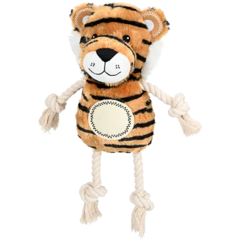 Plüschiger Tiger-Spielzeug mit Seilgliedern, mit einem lächelnden Gesicht und schwarzen Streifen, ideal für die Spielzeit mit Haustieren.