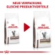 Zwei Säcke Royal Canin Gastrointestinal Katzenfutter, beschriftet mit "Veterinär" und "Experte," mit einem roten Pfeil, der den Übergang zeigt. Text: "NEUE VERPACKUNG."