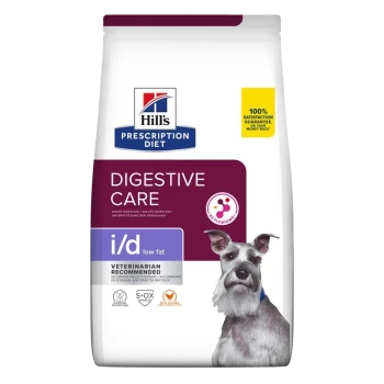 Hill's Prescription Diet Digestive Care i/d fettarmes Hundefutterpaket, mit einem lila und weißen Design, mit dem Etikett "Vom Tierarzt empfohlen."