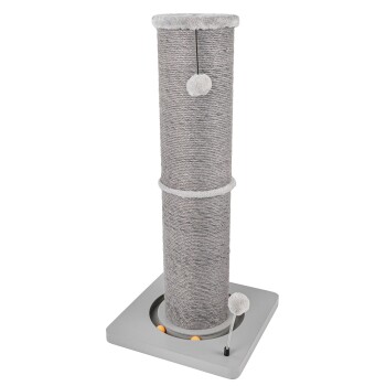 Grauer Kratzbaum für Katzen mit einem plüschigen Oberteil, zwei Pompons und einem stabilen quadratischen Fuß. Ideal für Katzen zum Spielen und Kratzen.