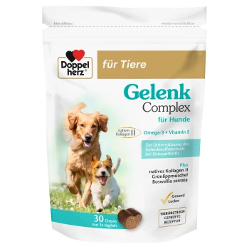 Tiernahrungsergänzungspaket mit zwei verspielten Hunden, das "Gelenk Complex für Hunde" zeigt, mit Omega-3, Vitamin E und Gelenkunterstützung. 30 Kaubonbons.