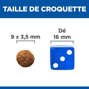 Image comparant la taille des croquettes pour animaux de compagnie (9 x 3,5 mm) à un dé bleu (16 mm), avec le texte 'TAILLE DE CROQUETTE.'