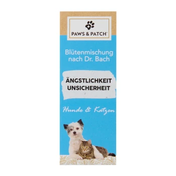 Paws & Patch Blütenmittel für Haustiere, mit der Aufschrift "Ängstlichkeit Unsicherheit" für Hunde und Katzen.