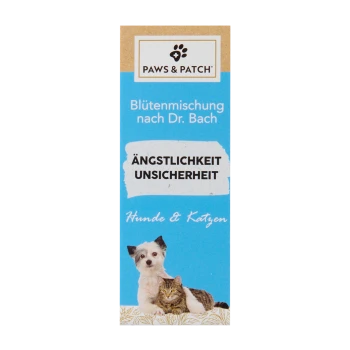 Paws & Patch Blütenmittel für Haustiere, mit der Aufschrift "Ängstlichkeit Unsicherheit" für Hunde und Katzen.