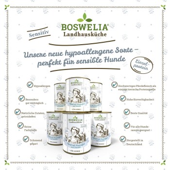 Dosen von Boswelia Landhausküche Hundefutter gestapelt, beschriftet mit "Hypoallergen" und "Einzelprotein", mit Details zu natürlichen Zutaten und Qualität.