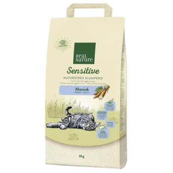 Real Nature Sensitive natürlich klumpendes Katzenstreu mit Maniok, Pflanzenfasern, ultra-festen Klumpen, sanft zu den Pfoten, unparfümiert, 6 kg.