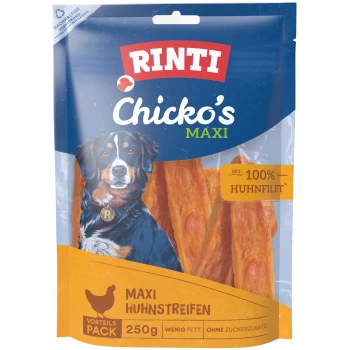 RINTI Chicko's Maxi Hundeleckerli-Beutel mit Hundeillustration, sichtbaren Hühnerstreifen und Aufschriften 'MIT 100% HUHNFILET' und 'MAXI HUHNSTREIFEN 250 g'.