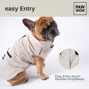 Ein Französischer Bulldogge trägt einen beigen Hundemantel, beschriftet mit 'easy Entry', mit einer Nahaufnahme, die die Knopfverschlussfunktion des Mantels zeigt.
