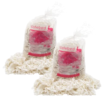 Deux sacs de literie en papier "safebed" pour animaux, chacun de 2 kg, avec du papier blanc déchiqueté débordant, présentant des accents roses sur l'emballage.