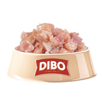 Eine Hundenapf gefüllt mit gewürfeltem rohem Fleisch, markiert mit "DIBO" und dem Slogan "Für die Besten das Beste" auf einem cremefarbenen Grund.