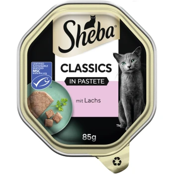 Sheba Classics kattenvoer in pâté, met zalm, 85g. Bevat een groen bord met voedselstukjes en kruiden.