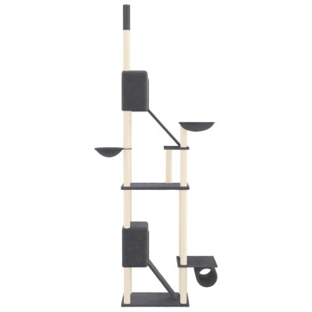 Moderner Katzenbaum mit mehreren Ebenen, schwarzem und natürlichem Holzdesign, mit Plattformen und einem gemütlichen Versteck.
