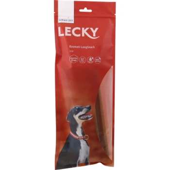 Rote Verpackung für LECKY Basmati-LongSnack für Hunde, mit der Aufschrift "Groß", mit einem Bild eines glücklichen Hundes und Symbolen für glutenfreie und Reis-Zutaten.
