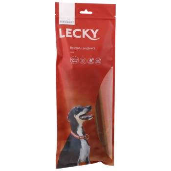 Rote Verpackung für LECKY Basmati-LongSnack für Hunde, mit der Aufschrift "Groß", mit einem Bild eines glücklichen Hundes und Symbolen für glutenfreie und Reis-Zutaten.