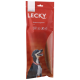 Emballage rouge pour LECKY Basmati-LongSnack pour chiens, étiqueté "Grand", avec une image de chien heureux et des icônes pour ingrédients sans gluten et à base de riz.