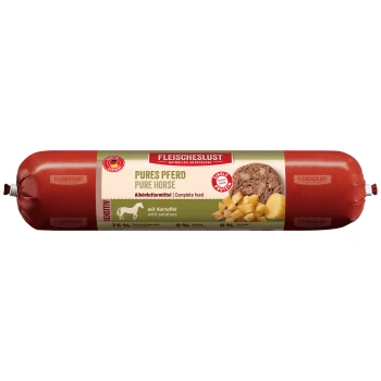 Rote zylindrische Verpackung von "Fleischeslust Pure Horse" Haustierfutter, das Kartoffeln enthält, mit 75% Fleisch und Innereien, 0% Getreide, und als Vollfutter gekennzeichnet.
