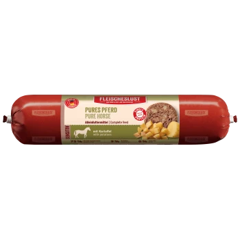 Rote zylindrische Verpackung von "Fleischeslust Pure Horse" Haustierfutter, das Kartoffeln enthält, mit 75% Fleisch und Innereien, 0% Getreide, und als Vollfutter gekennzeichnet.