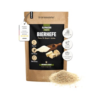 ALPHAZOO BIERHEFE Tiernahrungsergänzungspackung, mit einem Holzlöffel und Pulver, gekennzeichnet mit "Shiny Coat", "100% Natürlich" und "Hergestellt in Deutschland."