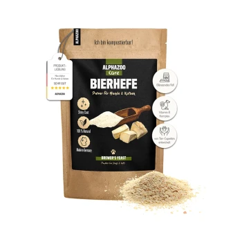 ALPHAZOO BIERHEFE Tiernahrungsergänzungspackung, mit einem Holzlöffel und Pulver, gekennzeichnet mit "Shiny Coat", "100% Natürlich" und "Hergestellt in Deutschland."