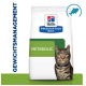 Hill's Prescription Diet Metabolic Katzenfutterbeutel mit einer getigerten Katze auf der Vorderseite, mit dem Text "Gewichtsmanagement" und "METABOLIC."