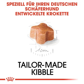 Maßgeschneiderte Kroketten für Deutsche Schäferhunde, mit einem sternförmigen Krokettenstück und Text auf Deutsch über die spezielle Formulierung.