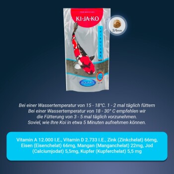 Bild einer Haustierfutterverpackung mit der Aufschrift "KI-JA-KO Spirulina" und einem Koi-Fisch. Nährwertinformationen umfassen Vitamine A, D, Zink, Eisen und mehr.