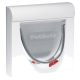 Weiße Haustiertür mit einer klaren Klappe, mit dem Logo "PetSafe" versehen, entworfen für einen einfachen Zugang für Haustiere.