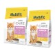 Zwei Beutel MultiFit Care Junior Katzenfutter mit einem orangefarbenen Kätzchen und einer Schale mit Trockenfutter, Hähnchen-Geschmack, jeweils 1,4 kg.
