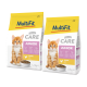 Zwei Beutel MultiFit Care Junior Katzenfutter mit einem orangefarbenen Kätzchen und einer Schale mit Trockenfutter, Hähnchen-Geschmack, jeweils 1,4 kg.