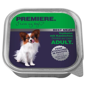 Hundefutterbeutel mit einem Papillon, der sich die Lippen leckt, beschriftet mit "PREMIERE. I love my dog", mit "BEST MEAT" und "Truthahn mit Kaninchen."