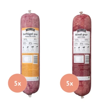 Basis-Paket 10x1000g Zwei Rollen Haustierfutter mit der Aufschrift "Geflügel pur" und "Rind pur," jeweils mit Nährwertangaben und Zutaten.