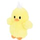 A cute, fluffy yellow plush duck with a small orange beak and black eyes, featuring a tuft of white fur on its head.