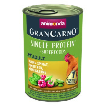 GranCarno Single Protein Superfoods Kurczak i szpinak, maliny, nasiona dyni 6x400 g