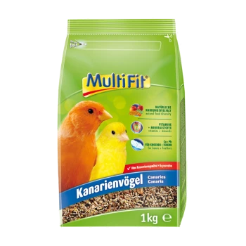 A 1 kg bag of MultiFit bird food for canaries, featuring an orange and yellow canary and highlighting natural diversity, vitamins, and minerals.