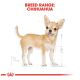 Illustration of a Chihuahua dog with a light tan coat, labeled "BREED RANGE: CHIHUAHUA" in bold red text at the top.
