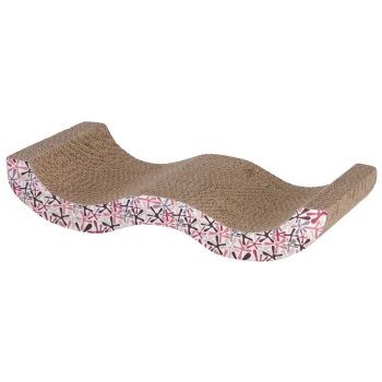 Gekrümmter Katzenkratzbaum mit einer strukturierten Oberfläche, mit einem bunten Blumenmuster an den Seiten.