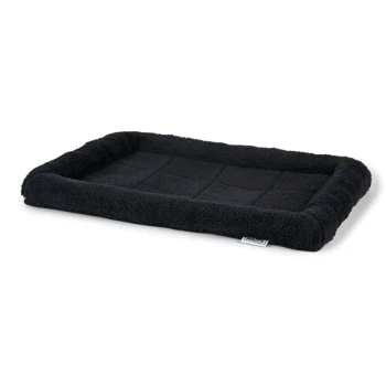 Schwarzes rechteckiges Haustierbett mit plüschigem Stoff und erhöhten Rändern, mit einer gesteppten Oberfläche für Komfort.