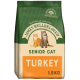 Bag of James Wellbeloved Senior Cat food, turkey flavor, 1.5 kg, featuring images of an orange cat and a gray cat.