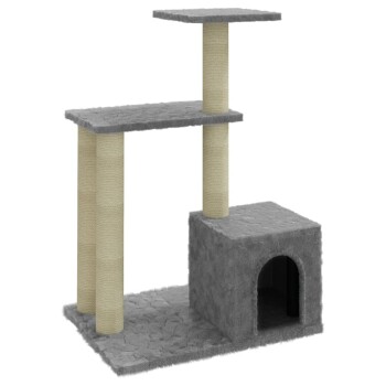 Grauer Katzenbaum mit zwei Plattformen, zwei Kratzpfosten und einem gemütlichen Versteck unten.