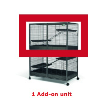 Großer mehrstöckiger Haustierkäfig mit Rampen, mit einem roten Rand und dem Text "1 Add-on Einheit" am Boden.