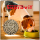 Gelbes und braunes Supravit Kroket-Huhn Hundefutteretikett mit Hundeillustrationen und deutschem Text zu Zutaten und Vorteilen.