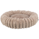 Rundes, plüschiges Haustierbett in einem sanften Beigeton mit einem flauschigen, gerippten äußeren Rand und einem glatten Mittelpolster.