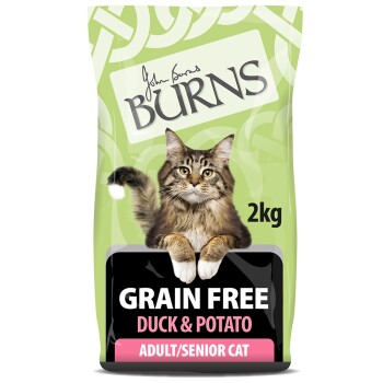 Cat food packaging featuring a Maine Coon cat, labeled "Grain Free Duck & Potato," 2kg, suitable for adult/senior cats.