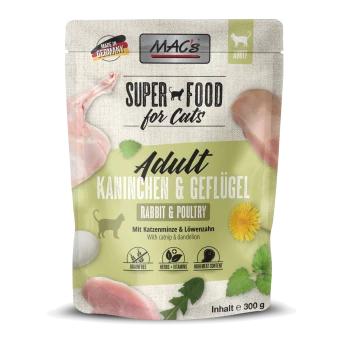 MAC's Super Food für Katzen, Adult Rabbit & Poultry, 300g Paket, das rohes Fleisch, getreidefrei, Kräuter, Vitamine und hohen Fleischgehalt zeigt.