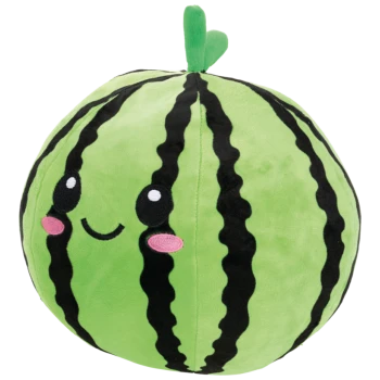 Plüschiges grünes Haustierspielzeug in Form einer Wassermelone mit schwarzen Streifen, lächelndem Gesicht, rosa Wangen und grünem Blatt oben.
