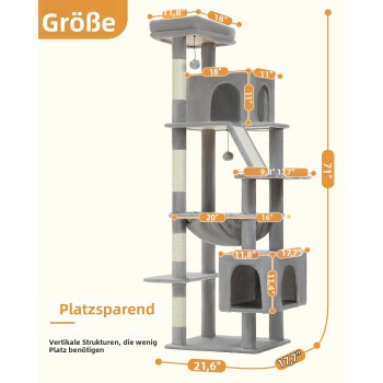 Grauer mehrstufiger Kratzbaum mit beschrifteten Maßen, mit Plattformen, Höhlen und hängendem Spielzeug, 180 cm hoch.