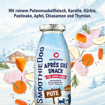 SmoothieDog 'Après Ski Snack' Flasche (Pute) Hundetrunk mit deutscher Überschrift 'Für viele verschiedene Anwendungen' und einer Liste mit Verwendungsbeispielen.